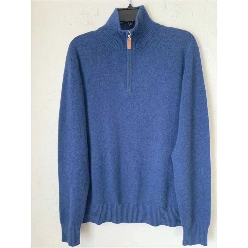 Alan Flusser Men's Cashmere Half-Zip Mock Neck Dark Blue Sweater Size M